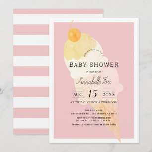 Invitation Baby shower de fille à rayures roses de crème glac