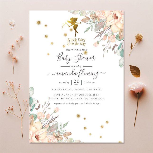 Invitation Baby shower de fille à thème rose et or fée (Pink and Gold Fairy themed Girl Baby Shower Invitation)