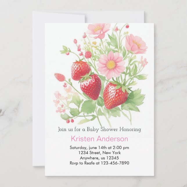 Invitation Baby shower de fille aux fraises sucrées (Devant)