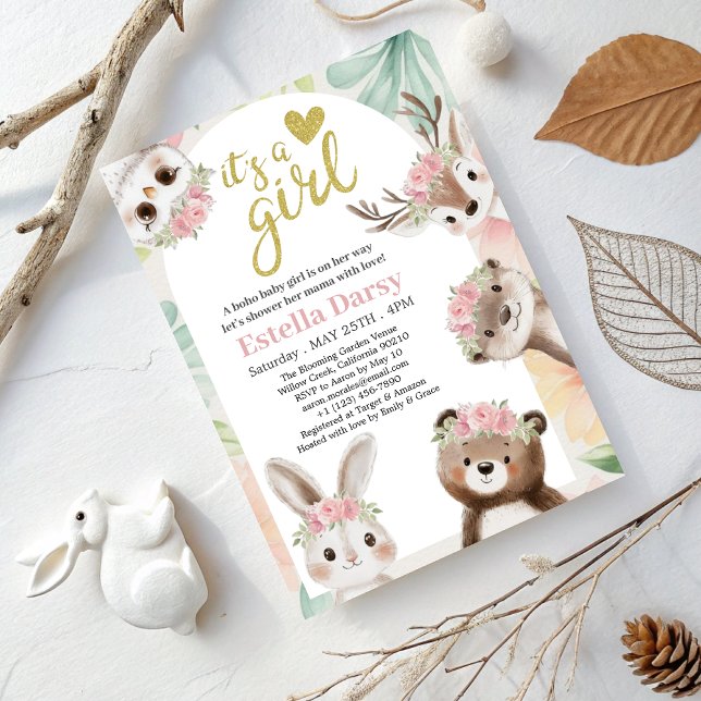 Invitation Baby shower de fille Boho Woodland avec fleurs ros (Créateur téléchargé)