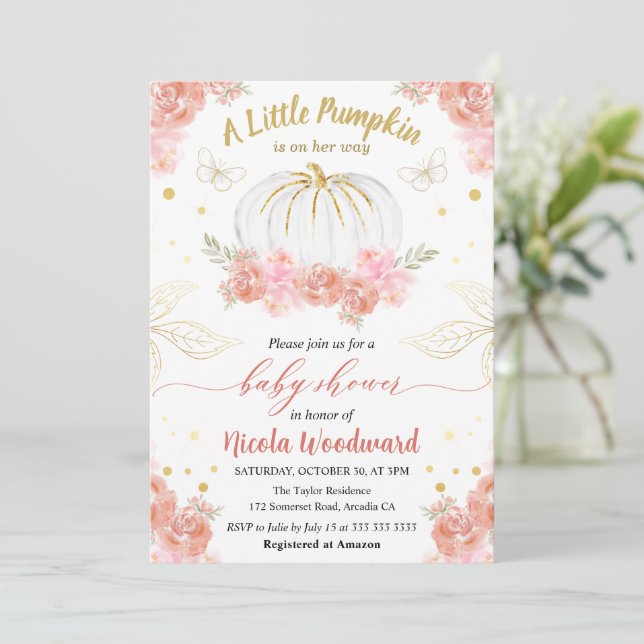 Invitation Baby shower de fille Citrouille rose et or (Debout devant)