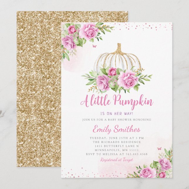 Invitation Baby shower de fille Citrouille rose rose pâle or  (Devant / Derrière)