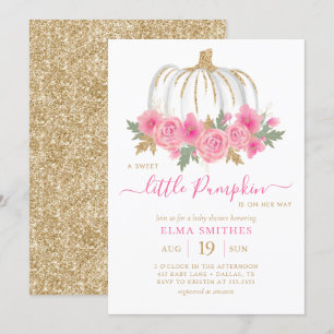 Invitation Baby shower de fille Citrouille rose rose pâle or 