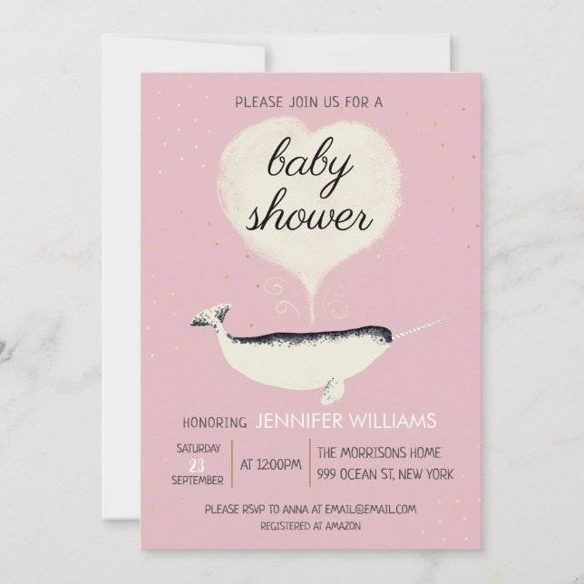 Invitation Baby shower de fille de baleine rose (Devant)
