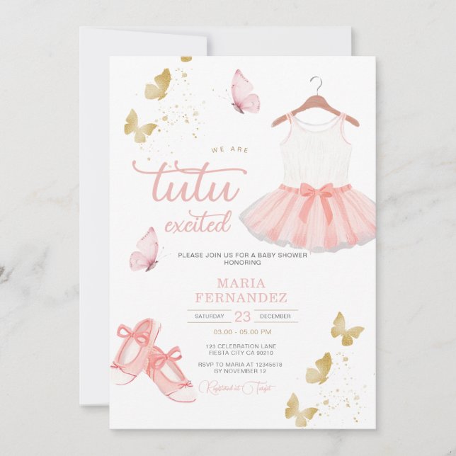 Invitation Baby shower de fille de ballet d'or ros (Devant)