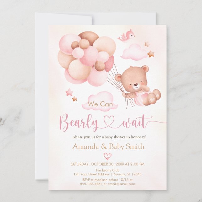 Invitation Baby shower de fille de ballons d'ours  (Devant)