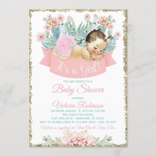 Invitation Baby shower de fille de brune de fiesta de cactus