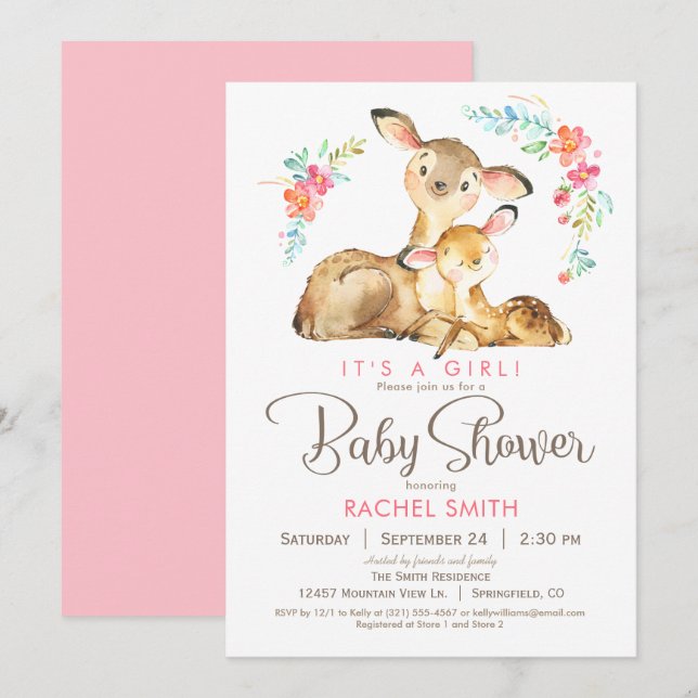 Invitation Baby shower de fille de cerfs de Woodland (Devant / Derrière)