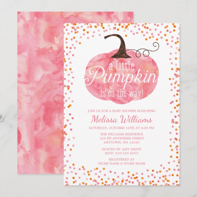 Invitation Baby shower de fille de Citrouille d'aquarelle Con (Devant / Derrière)
