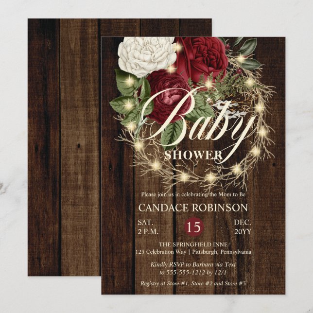 Invitation Baby shower de fille de couronnes lumineuses rusti (Devant / Derrière)