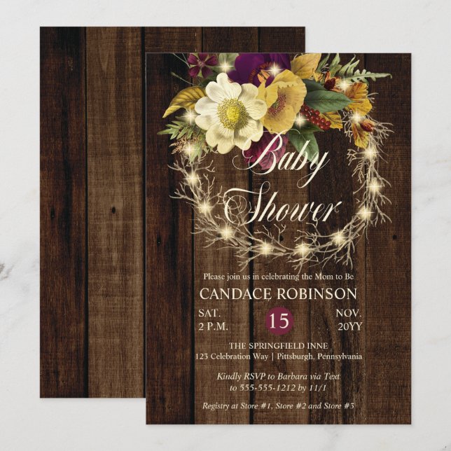 Invitation Baby shower de fille de couronnes lumineuses rusti (Devant / Derrière)