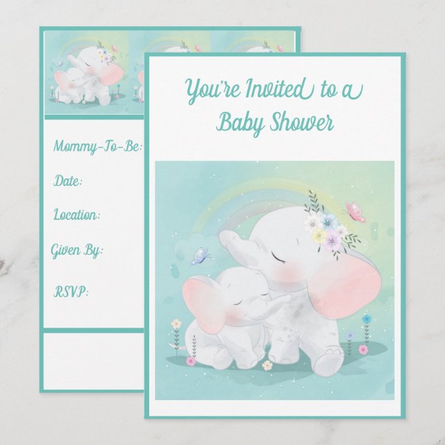 Invitation Baby shower de fille de garçon éléphant vert à la  (Devant / Derrière)