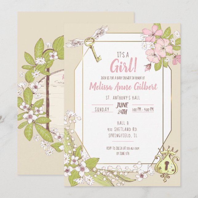 Invitation Baby shower de fille de jardin secret (Devant / Derrière)