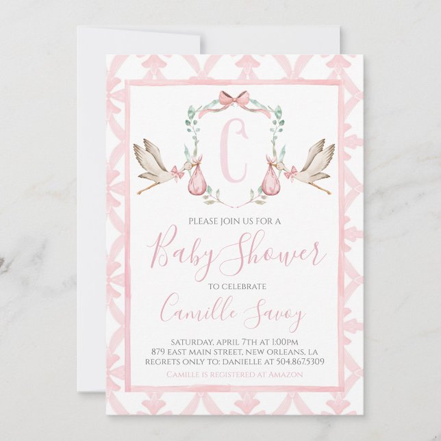 Invitation Baby shower de fille de la cigogne rose Preppy Sud (Créateur téléchargé)