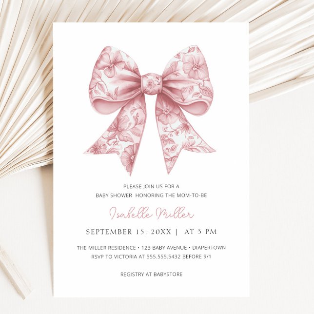 Invitation Baby shower de fille de la croupe rose (Pink Bow Girl Baby Shower Invitation)