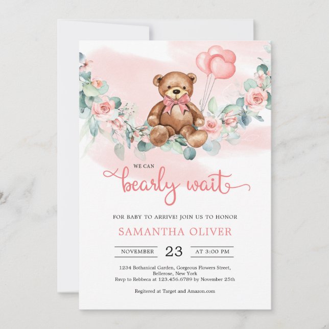 Invitation Baby shower de fille de l'oreille en peluche Eucal (Devant)