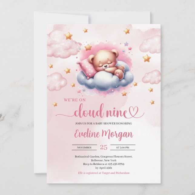 Invitation Baby shower de fille de l'ours en peluche couché n (Devant)