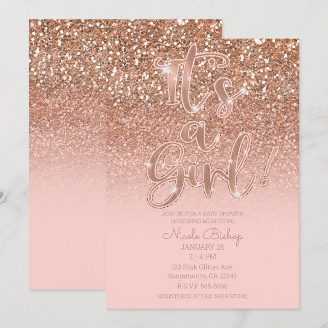Invitation Baby shower de fille de Parties scintillant rose v (Devant / Derrière)