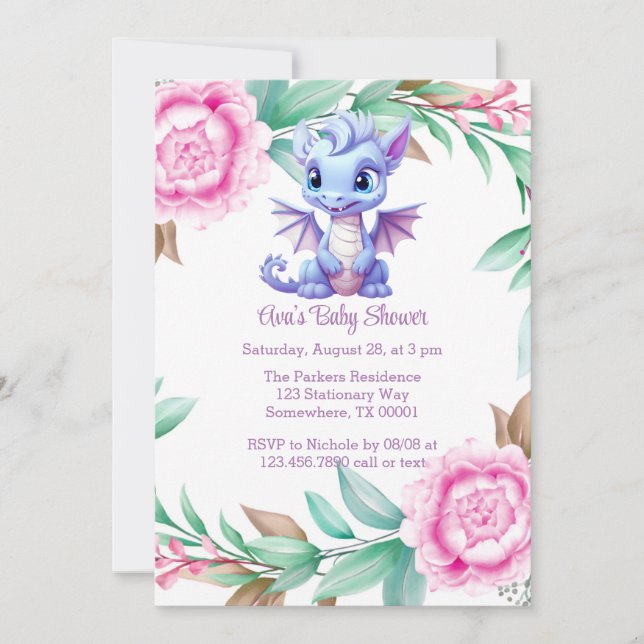 Invitation Baby shower de fille de pivoine de dragon violet e (Devant)