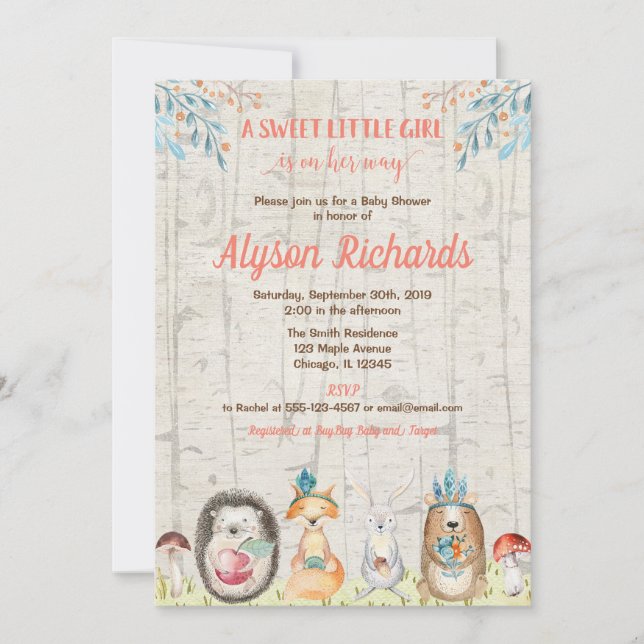 Invitation Baby shower de fille de région boisée d'amis (Devant)