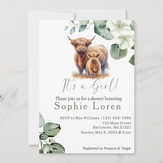 Invitation Baby shower de fille de vache Highland à fleurs ve (Devant)