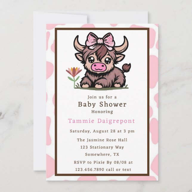 Invitation Baby shower de fille de vache rose Tan Highland (Devant)