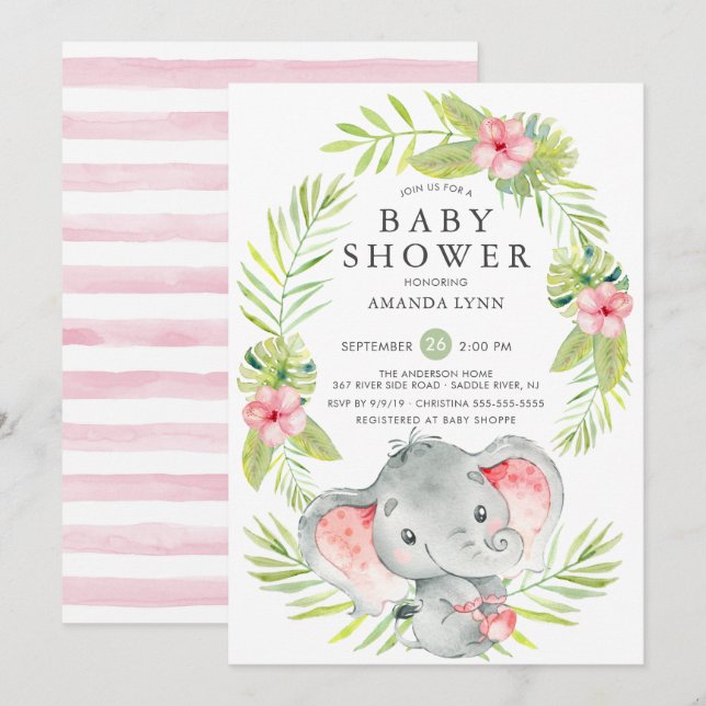 Invitation Baby shower de fille d'éléphant rose (Devant / Derrière)