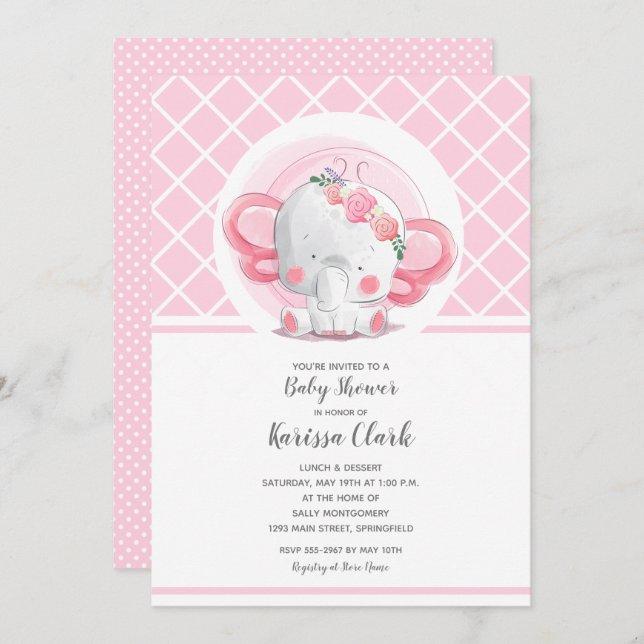 Invitation Baby shower de fille d'éléphant rose (Devant / Derrière)