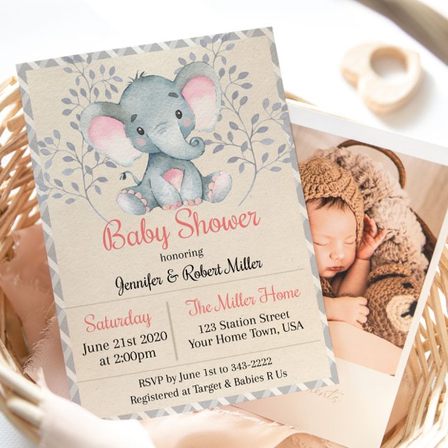 Invitation Baby shower de fille d'éléphant rose (Créateur téléchargé)