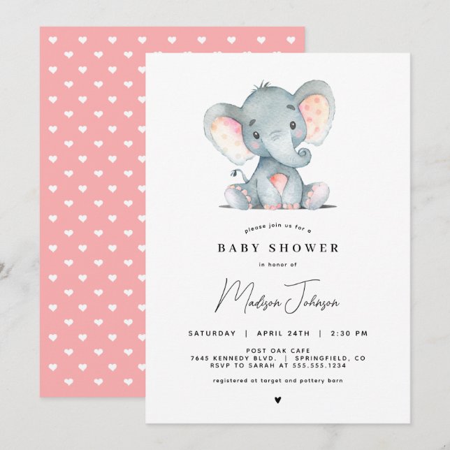Invitation Baby shower de fille d'éléphant rose (Devant / Derrière)
