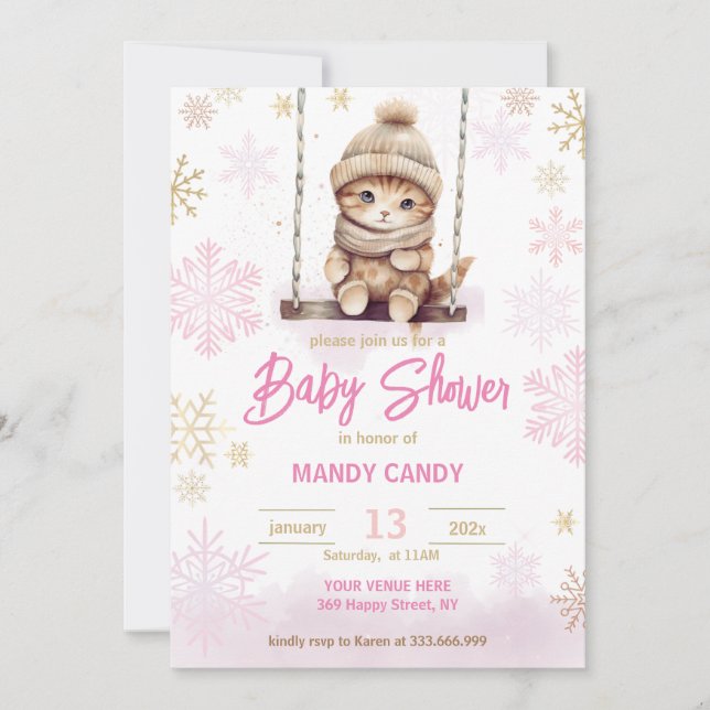Invitation Baby shower de fille d'hiver Pink Snowf (Devant)