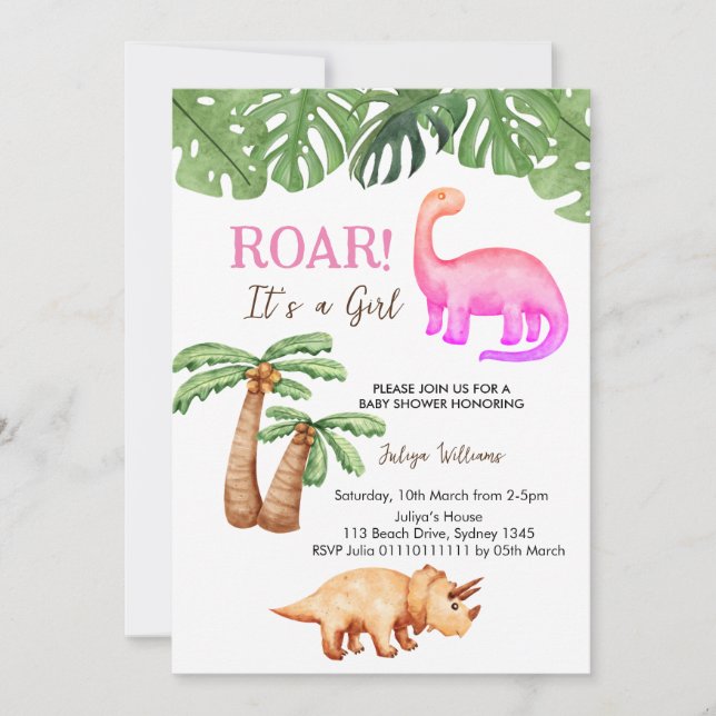 Invitation Baby shower de fille Dinosaur tropical (Devant)