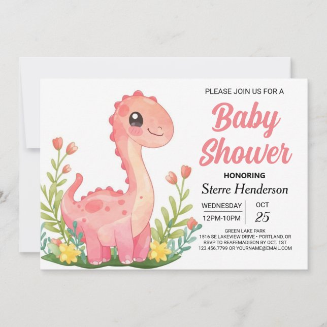 Invitation Baby shower de fille Dinosaure Pink Enchanted (Devant)