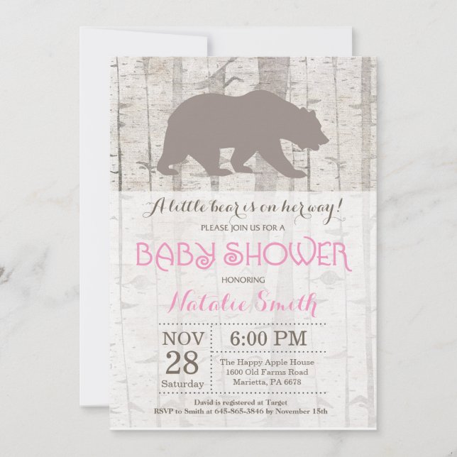 Invitation Baby shower de fille d'ours Bois rustiq (Devant)