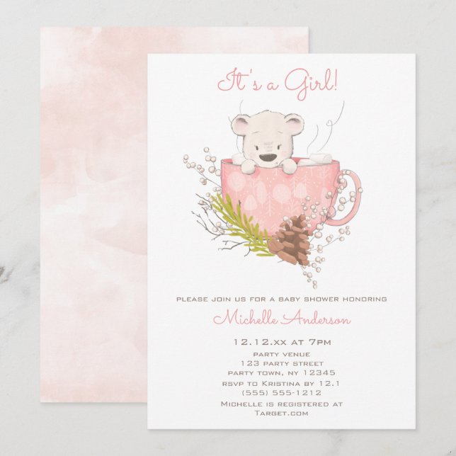 Invitation Baby shower de fille d'ours d'hiver rose (Devant / Derrière)