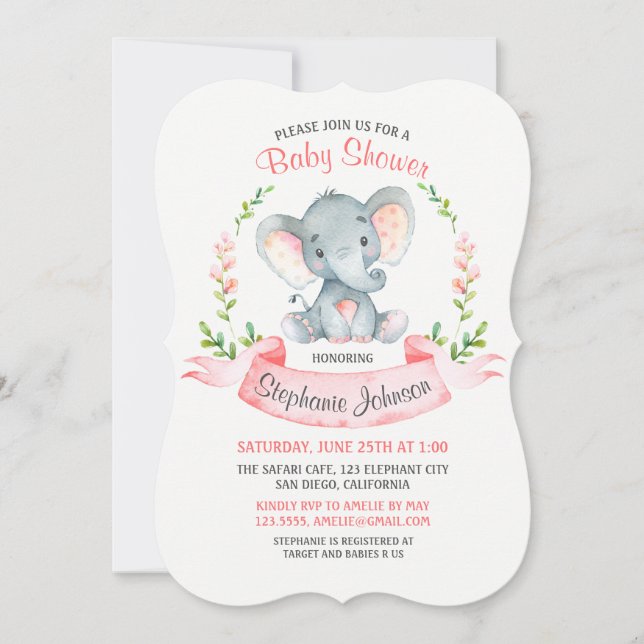 Invitation Baby shower de fille Eléphant Aquarelle (Devant)