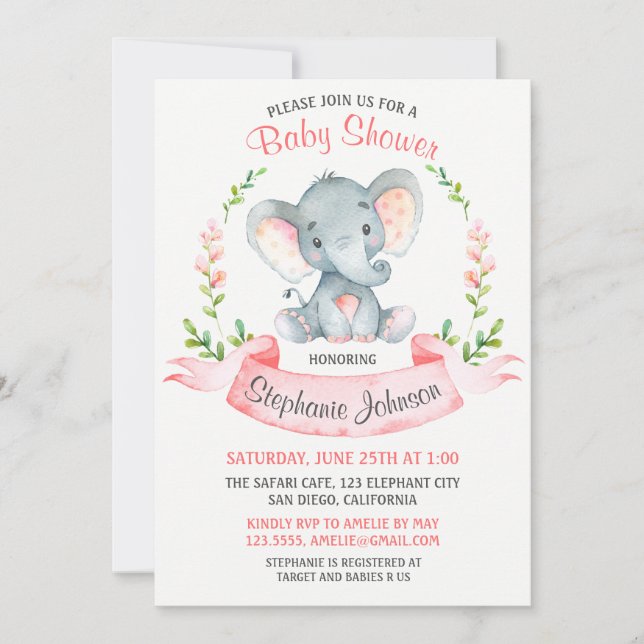 Invitation Baby shower de fille Eléphant Aquarelle (Devant)
