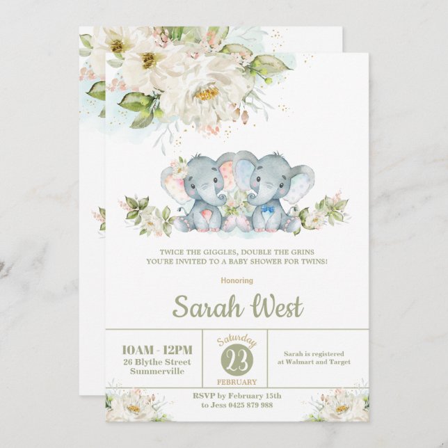 Invitation Baby shower de fille Elephant de verdure Jumeaux g (Devant / Derrière)