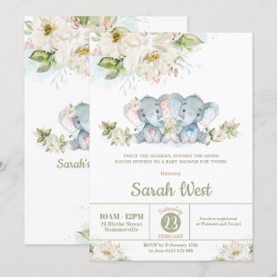 Invitation Baby shower de fille Elephant de verdure Jumeaux g