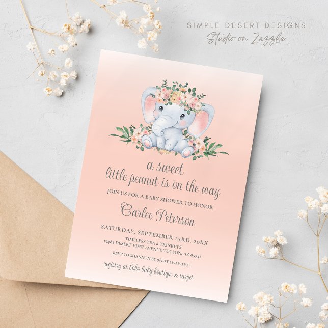 Invitation Baby shower de fille Eléphant Floral Cute (Blush Pink Floral Cute Elephant Baby Shower Invitation)