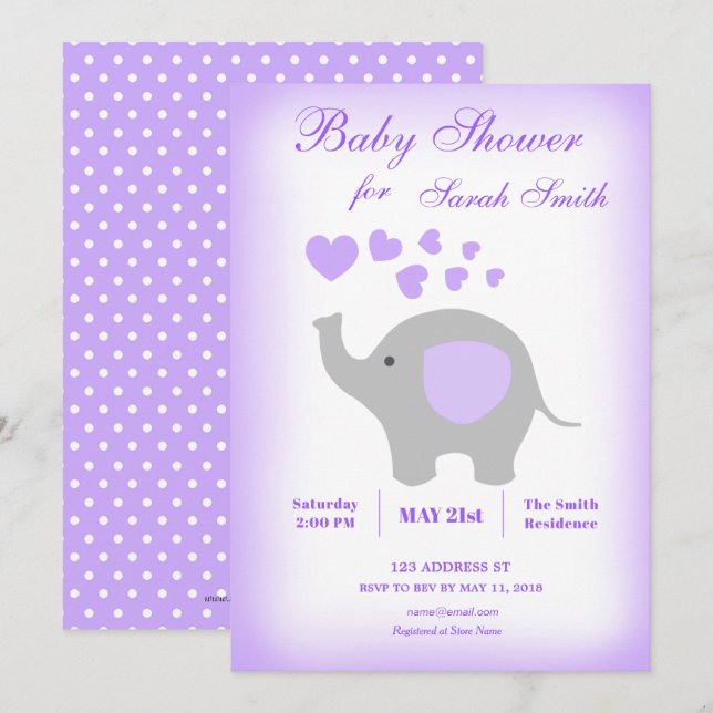 Invitation Baby shower de fille éléphante Coeurs p (Devant / Derrière)