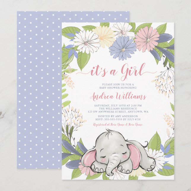 Invitation Baby shower de fille éléphante de couronne de fleu (Devant / Derrière)