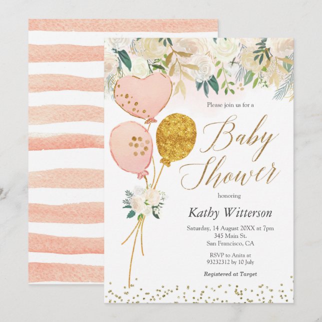 Invitation Baby shower de fille en ballons roses (Devant / Derrière)