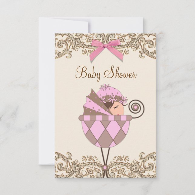 Invitation Baby shower de fille en dentelle Brown rose (Devant)