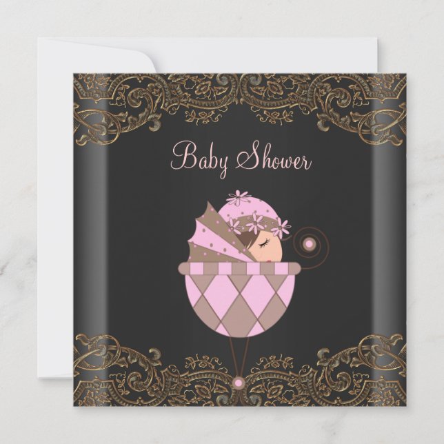Invitation Baby shower de fille en dentelle rose noire (Devant)