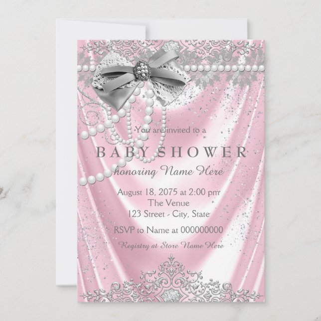 Invitation Baby shower de fille en perle rose Satin (Devant)