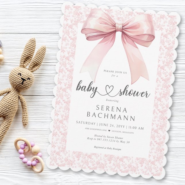 Invitation Baby shower de fille en toile de cou rose (Pink Bow Toile Girl Baby Shower Invitation)
