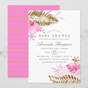 Invitation Baby shower de fille Feuille rose et or tropicale