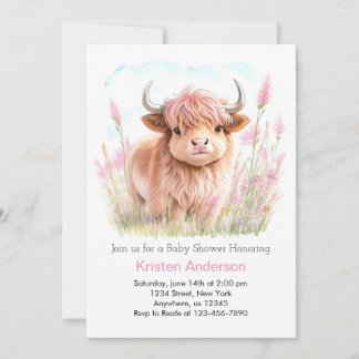 Invitation Baby shower de fille Fleur sauvage de vache Highla