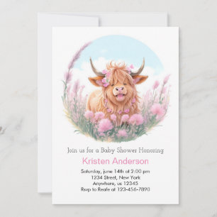 Invitation Baby shower de fille Fleur sauvage de vache Highla